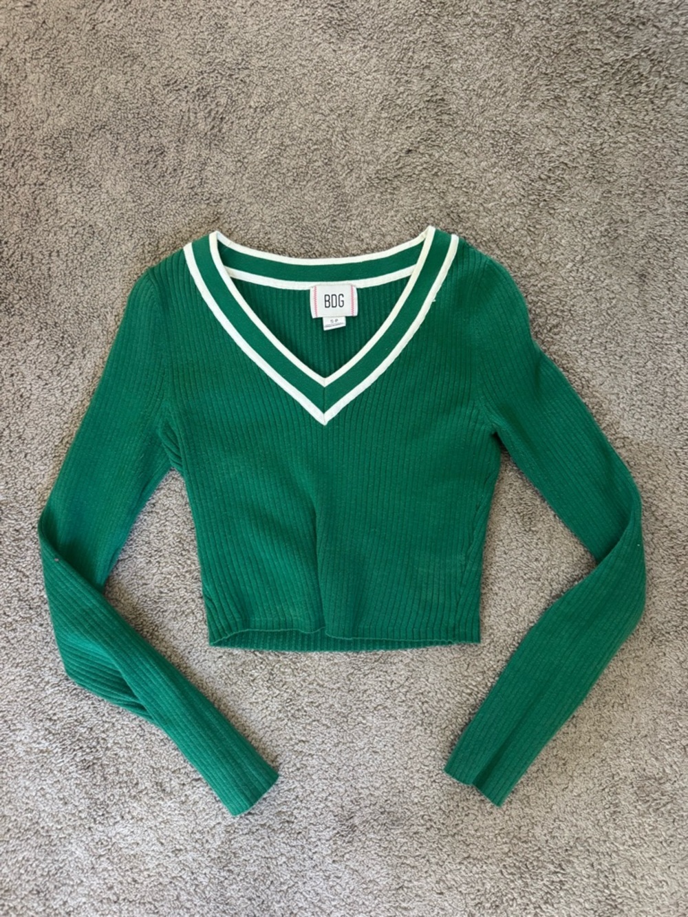 Urban Outfitters BDG Emerald Green V-Neck Ribbed Crop Sweater with White Trim